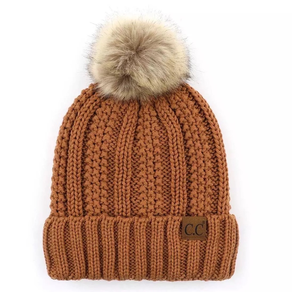 C.C Beanie Toasted Almond Knit Fuzzy Lined Brown Faux Fur Pom